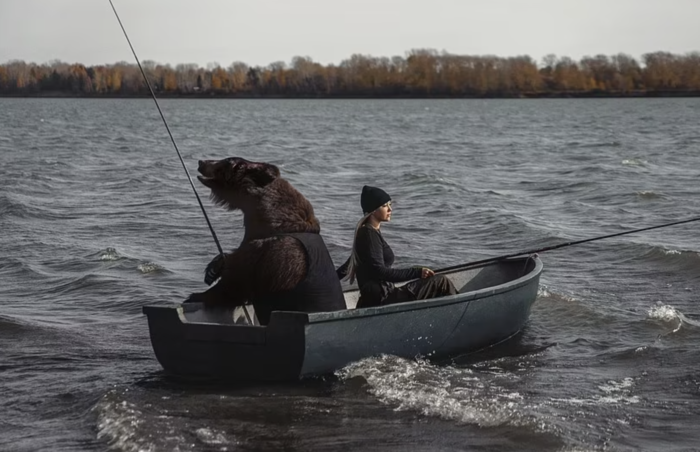 woman and black bear in a boat
